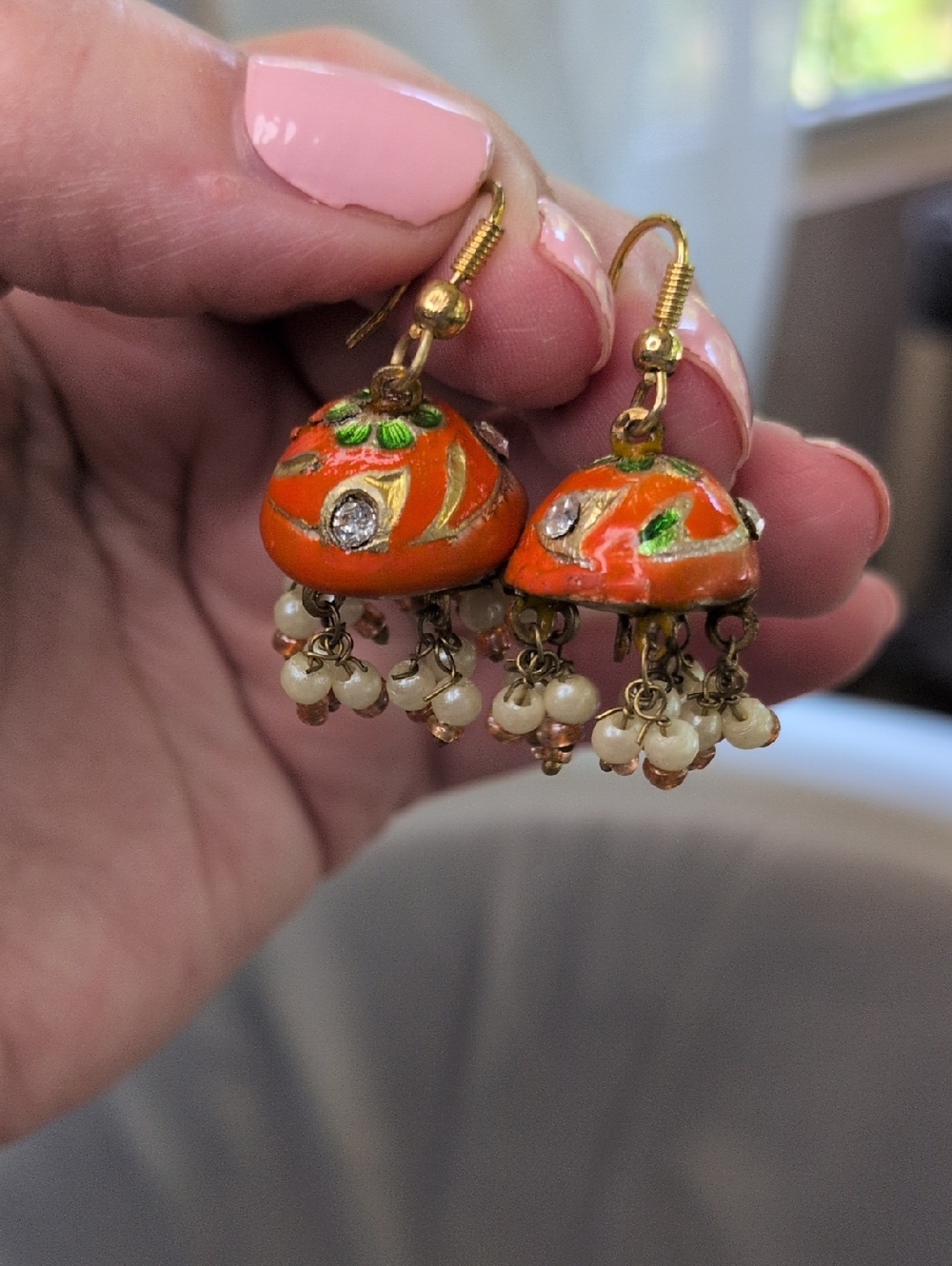 Handcrafted Orange Enamel Jhumka Earrings with Pearls